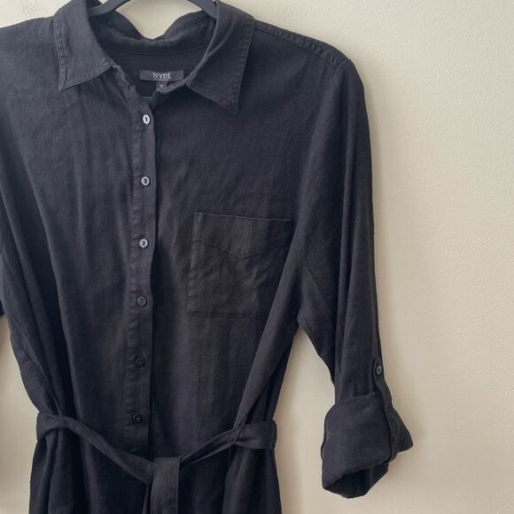 NYDJ Black Linen Belted Shirt Dress 3/4 Sleeve Rolled Cuff Black Size Medium NEW - Picture 4 of 6
